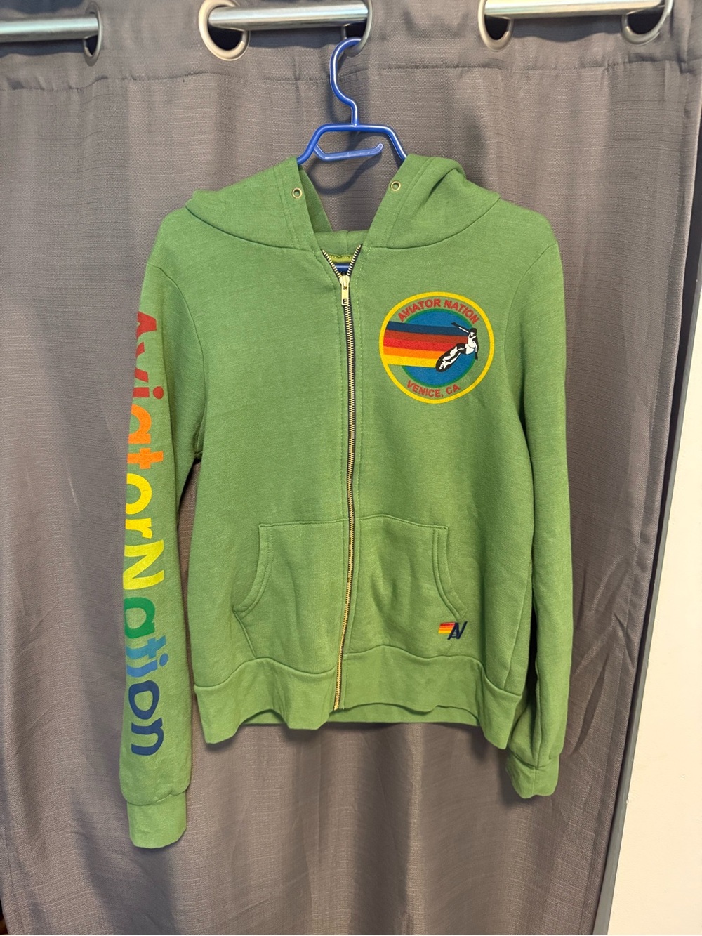 Aviator Nation Olive Green Zip Hoodie with Rainbow Accents